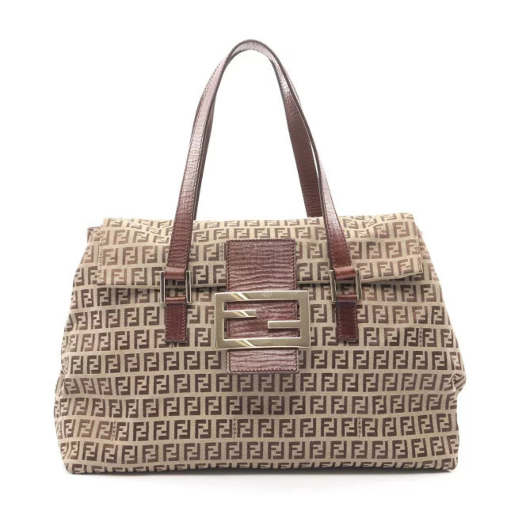 Fendi Zucchino Handbag Canvas Leather Beige Cream Brown